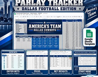 Game Day Bet and Parlay Tracker Spreadsheet | Dallas Football Edition | Bankroll, Picks, Results, Dashboard