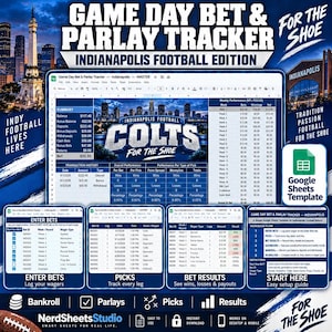 Puede incluir: Una plantilla digital de Google Sheets titulada Game Day Bet & Parlay Tracker Indianapolis Football Edition. La interfaz muestra tablas de resumen, historial de transacciones, rendimiento semanal y registros de apuestas con diseño azul y blanco.