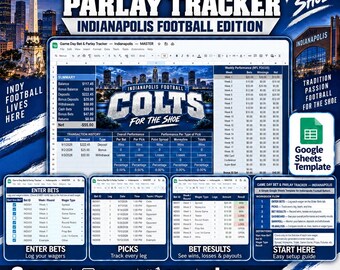 Game Day Bet and Parlay Tracker Spreadsheet | Indianapolis Football Edition | Bankroll, Picks, Results, Dashboard