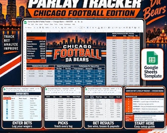 Game Day Bet and Parlay Tracker Spreadsheet | Chicago Football Edition | Bankroll, Picks, Results, Dashboard