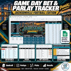 Puede incluir: Una plantilla digital de Google Sheets para el seguimiento de apuestas y parlays de fútbol de Jacksonville. La interfaz muestra tablas de resumen, historial de transacciones, rendimiento semanal y pestañas para ingresar apuestas, seguir selecciones y ver resultados.