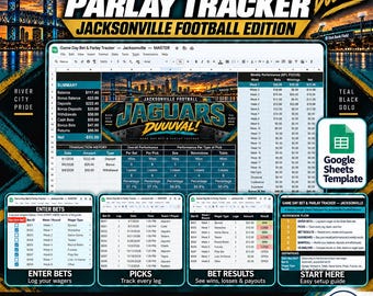 Game Day Bet and Parlay Tracker Spreadsheet | Jacksonville Football Edition | Bankroll, Picks, Results, Dashboard