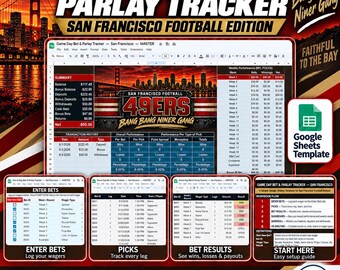 Game Day Bet and Parlay Tracker Spreadsheet | San Francisco Football Edition | Bankroll, Picks, Results, Dashboard
