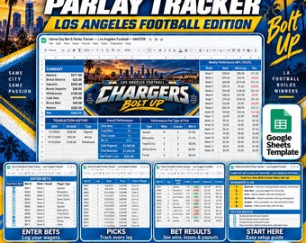 Game Day Bet and Parlay Tracker Spreadsheet | Los Angeles Football Edition | Bankroll, Picks, Results, Dashboard