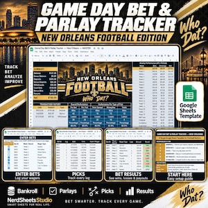 Puede incluir: Una plantilla digital de Google Sheets titulada Game Day Bet & Parlay Tracker New Orleans Football Edition. La interfaz muestra un panel con resúmenes financieros, historial de transacciones, métricas de rendimiento y pestañas para apuestas y resultados.