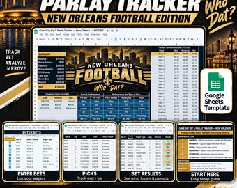 Game Day Bet and Parlay Tracker Spreadsheet | New Orleans Football Edition | Bankroll, Picks, Results, Dashboard