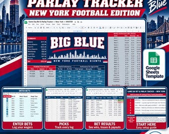 Game Day Bet and Parlay Tracker Spreadsheet | New York Football Edition | Bankroll, Picks, Results, Dashboard