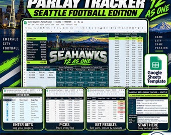 Game Day Bet and Parlay Tracker Spreadsheet | Seattle Football Edition | Bankroll, Picks, Results, Dashboard