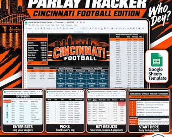Game Day Bet and Parlay Tracker Spreadsheet | Cincinnati Football Edition | Bankroll, Picks, Results, Dashboard