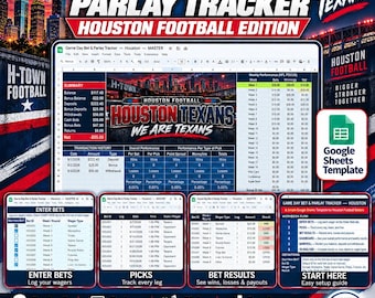 Game Day Bet and Parlay Tracker Spreadsheet | Houston Football Edition | Bankroll, Picks, Results, Dashboard