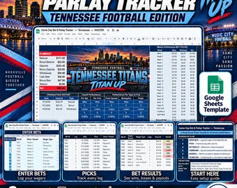 Game Day Bet and Parlay Tracker Spreadsheet | Tennessee Football Edition | Bankroll, Picks, Results, Dashboard