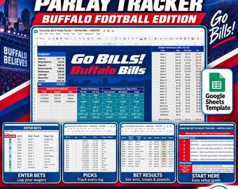 Game Day Bet and Parlay Tracker Spreadsheet | Buffalo Football Edition | Bankroll, Picks, Results, Dashboard