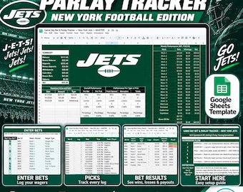 Game Day Bet and Parlay Tracker Spreadsheet | NYJ Football Edition | Bankroll, Picks, Results, Dashboard