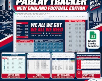 Game Day Bet and Parlay Tracker Spreadsheet | New England Football Edition | Bankroll, Picks, Results, Dashboard