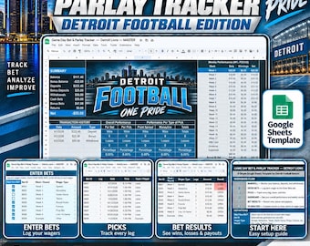 Game Day Bet and Parlay Tracker Spreadsheet | Detroit Football Edition | Bankroll, Picks, Results, Dashboard