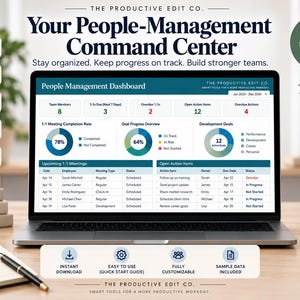 May include: A laptop displaying a People Management Dashboard Excel template with data charts, tables, and metrics. The screen shows team member counts, meeting rates, and action items. Surrounding items include a notebook, a mug, and text labels.
