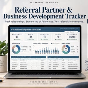May include: A laptop displaying a Business Development Dashboard with charts and tables for tracking referral partners and leads. The screen shows metrics like total partners, leads, and revenue. Text includes The Productive Edit Co. branding.
