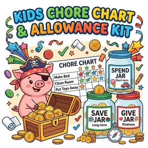 Könnte beinhalten: Eine Illustration eines Kids Chore Chart & Allowance Kit mit einem Schwein in Piratenhut, einer Schatztruhe voller Goldmünzen, einer Aufgabenliste mit Sternaufklebern und drei Gläsern mit der Aufschrift Spend, Save und Give.