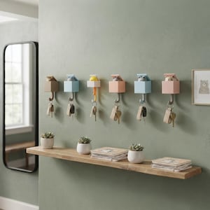 May include: Six wall-mounted key hooks, each featuring a small square box with a cat figure peeking out from the top. The hooks are colored in shades of brown, blue, yellow, peach, and pink, with metal key rings hanging from each hook.