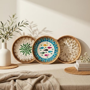 Round Rattan Shell Mosaic Tray, Boho Coastal Decor, Handcrafted Serving Piece