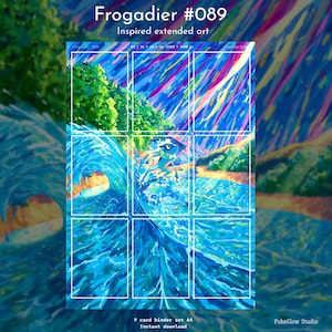 May include: A digital art print titled Frogadier #089 Inspired extended art, featuring a blue frog-like creature surfing on a large ocean wave. The artwork is divided into a nine-card grid layout with vibrant blue, green, and purple colors.