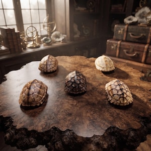 May include: Five turtle shells with distinct brown, tan, and cream-colored hexagonal patterns arranged on a circular, dark brown burl wood table. The shells vary in size and color intensity, displaying natural textures and detailed scute markings.