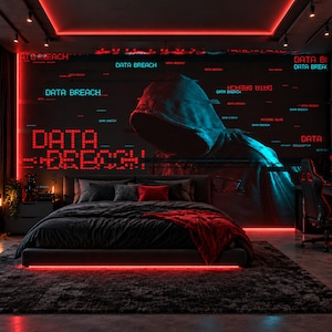 May include: A bedroom featuring a large wall mural of a hooded figure with the text DATA BREACH repeated in red and blue. The room includes a dark bed with a red throw, red LED strip lighting, a computer desk, and a gaming chair in a dark setting.