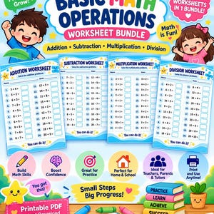 Peut inclure: Un ensemble numérique de quatre fiches d'exercices sur les opérations mathématiques de base, incluant addition, soustraction, multiplication et division. Le design coloré présente des personnages, des icônes éducatives et le texte Basic Math Operations Worksheet Bundle, Small Steps Big Progress et Printable PDF Instant Download.