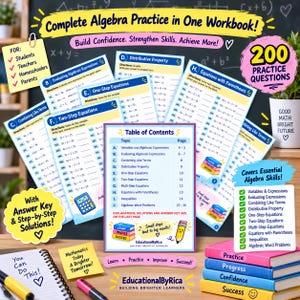 May include: An algebra practice workbook featuring a table of contents, multiple worksheets with math problems, and a stack of four colorful books labeled Practice, Progress, Confidence, and Success. The cover text includes Complete Algebra Practice in One Workbook and 200 Practice Questions.