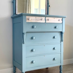 Antique Empire Tall Chest of Drawers with Swivel Mirror, Boy’s Room, Nursery, Beach House, Painted Blue.