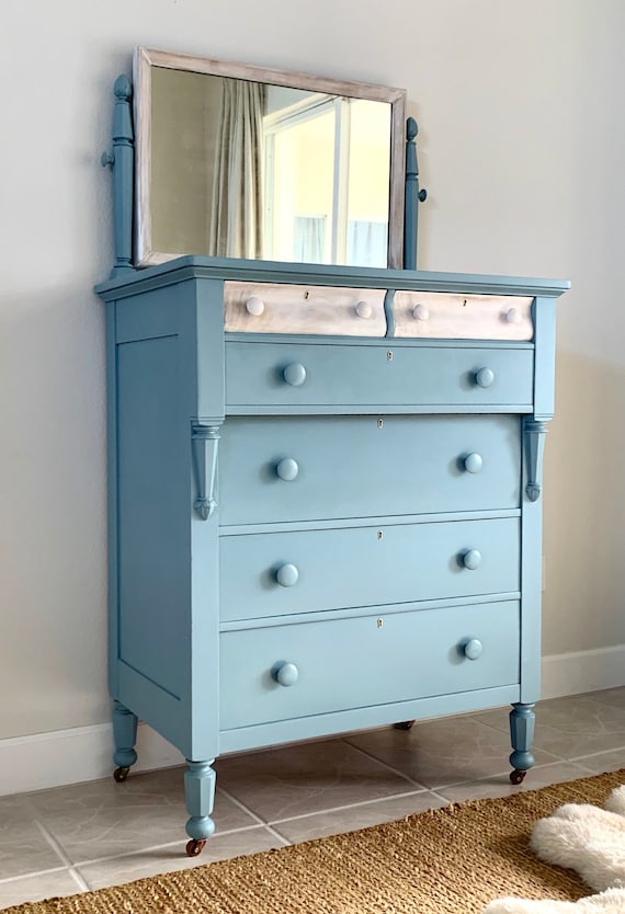 Antique Empire Tall Chest of Drawers With Swivel Mirror Boys Room Nursery Beach House Painted Blue. Etsy Canada