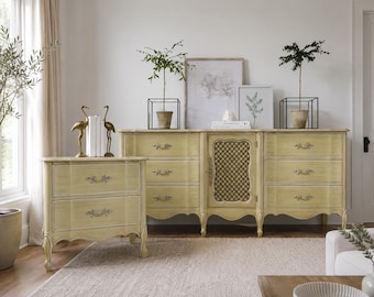 Henry Link French Provincial Dresser 69”Long Antique Golden Yellow Finish Credenza Sideboard Hollywood Regency Bedroom Storage 1970s Cottage
