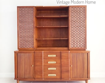 SOLD John Widdicomb Cherry Sideboard Credenza with Woven Leather and Brass Hutch