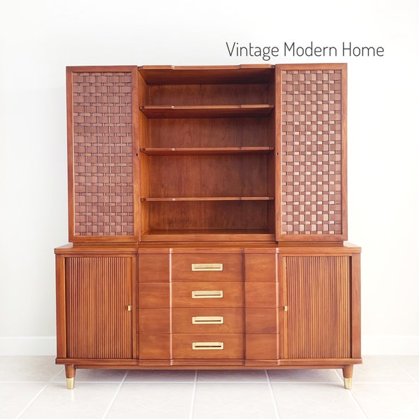 SOLD John Widdicomb Cherry Sideboard Credenza with Woven Leather and Brass Hutch