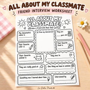 Op de afbeelding: Een wit papieren werkblad getiteld All About My Classmate met zwarte lijntekeningen waaronder een zon, ster, taart, pizzapunt, kat en gloeilamp. Het formulier bevat secties voor naam, leeftijd, lievelingskleur, dier, eten, hobby's en een kader voor een portret.