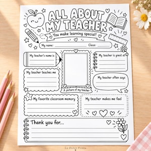 Può includere: Una scheda di attività in bianco e nero intitolata All About My Teacher con illustrazioni di una mela sorridente, libro, matita e righello. Presenta linee e riquadri per scrivere, inclusi My name, Class e Thank you for.