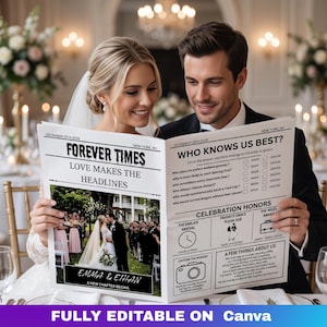 Puede incluir: Una plantilla de periódico con temática de boda titulada Forever Times, que presenta una foto de una pareja, un juego Who Knows Us Best y secciones para honores de celebración, totalmente editable con texto que incluye New York y 2026.
