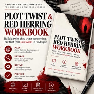 May include: A writing workbook for thriller and mystery authors titled Plot Twist & Red Herring Workbook. The cover features a silhouette on stairs against a red background. It includes sections for planning, developing, refining, and perfecting plots.