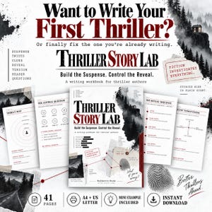 May include: A Thriller Story Lab writing workbook for authors featuring a cover with a silhouette, fingerprint, and map graphics. The workbook includes pages titled Threat Map, The Central Question, The Reveal Sequence, and Scene Tension Engine.