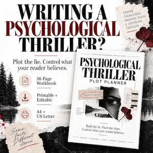 Puede incluir: Un libro de ejercicios de 36 páginas para autores de thrillers psicológicos. La portada muestra el título, una foto rasgada de un ojo y el texto 'Plot the lie. Control what your reader believes.' Es imprimible en tamaños A4 y US Letter.