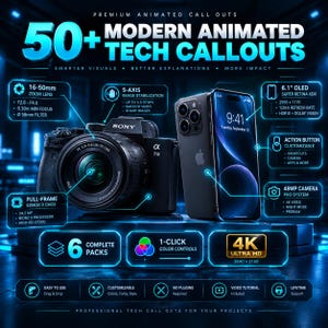 May include: A digital graphic featuring a Sony camera and an iPhone with numerous blue neon callout boxes displaying technical specifications like 16-50mm zoom lens, 6.1 inch OLED display, 48MP camera, and 4K Ultra HD resolution for video projects.