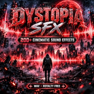 May include: A digital graphic featuring the text DYSTOPIA SFX and 200+ CINEMATIC SOUND EFFECTS with WAV ROYALTY FREE. The scene depicts a hooded figure standing before a ruined, red-lit cityscape under a dark sky with a large red moon.