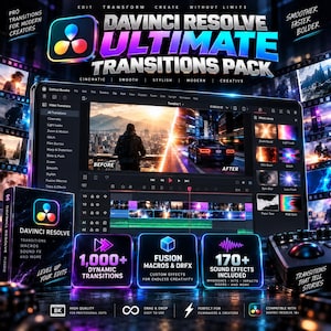 May include: A digital product advertisement for the DaVinci Resolve Ultimate Transitions Pack, featuring a software interface displaying video editing timelines, effects libraries, and text overlays highlighting 1,000+ transitions and 170+ sound effects.