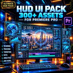 Peut inclure: Un pack d'interface utilisateur HUD numérique pour Premiere Pro comprenant plus de 300 éléments. L'écran affiche un paysage urbain futuriste avec des superpositions de données bleues lumineuses, incluant un globe, des graphiques et le texte Ultimate HUD Pack.