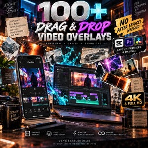 Pode incluir: Um anúncio de produto digital para 100+ sobreposições de vídeo de arrastar e soltar com um smartphone e um portátil exibindo software de edição, com textos como No After Effects Needed, 4K & Full HD e VeyorStudioLab.