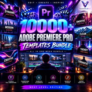 May include: A digital advertisement for a 10,000+ Adobe Premiere Pro templates bundle featuring a person working at a computer with multiple monitors. The graphic includes neon purple and blue lighting, text overlays, and various video editing category previews.