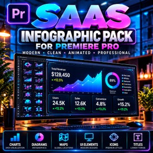 Peut inclure: Un affichage numérique présentant un pack d'infographies SaaS pour Premiere Pro, avec un écran d'ordinateur affichant un tableau de bord sombre montrant des données de revenus, d'utilisateurs et de ventes, ainsi qu'un panneau inférieur listant des graphiques.