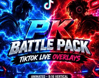 Puede incluir: Un gráfico digital para superposiciones de TikTok Live PK Battle Pack con dos personas con auriculares frente a frente. El diseño utiliza efectos de rayos azules y rojos, un icono de corona y el texto PK BATTLE PACK TIKTOK LIVE OVERLAYS.