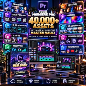May include: A digital product bundle for Adobe Premiere Pro featuring 40,000+ assets including transitions, kinetic typography, 3D HUD, retro VHS, infographics, light leaks, gradients, LUTs, colour presets, logo reveals, and social media kits.