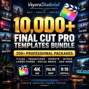 May include: A digital promotional graphic for VeyoraStudiolab featuring the text 10,000+ Final Cut Pro Templates Bundle and 200+ Professional Packages. The design includes icons for 4K UHD, Full HD 1080P, and 9:16 vertical video formats.